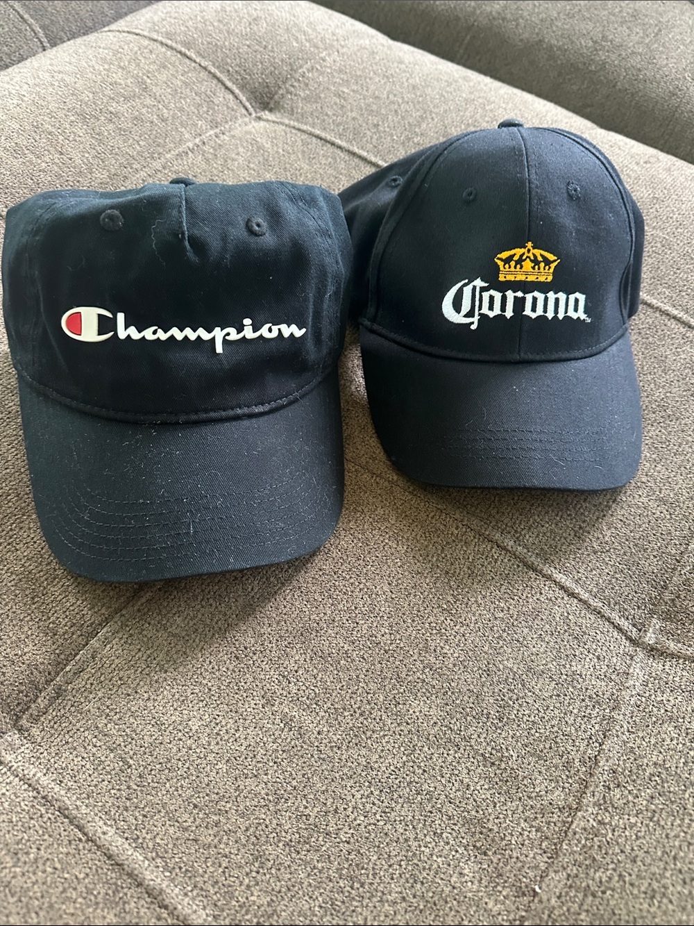Champion and Corona Black Baseball Caps with White Logos